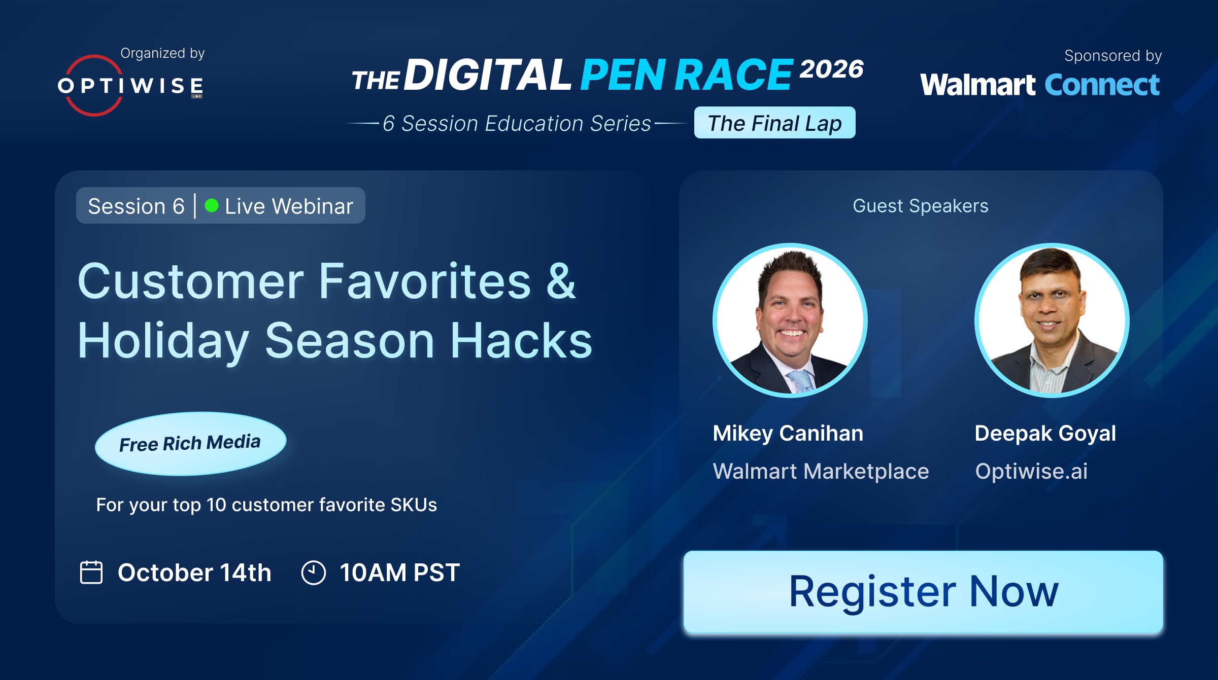 Learn holiday season strategies, Customer Favorites, and practical Walmart growth hacks in Digital Pen Race Education Series Session 6.
