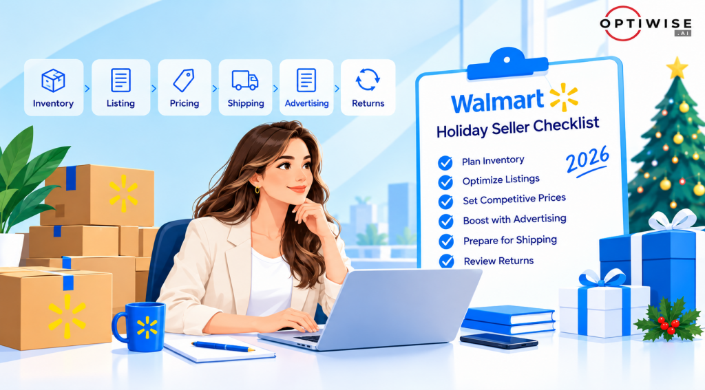 Illustration of a Walmart seller preparing for the 2026 holiday shopping season
